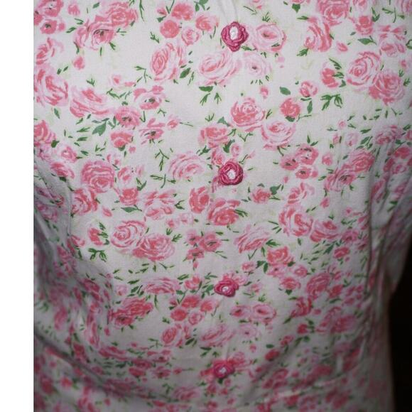 Vintage Pink Rose Floral Sleeveless Midi Dress – V-Neck, Button Front – Medium - Picture 8 of 9
